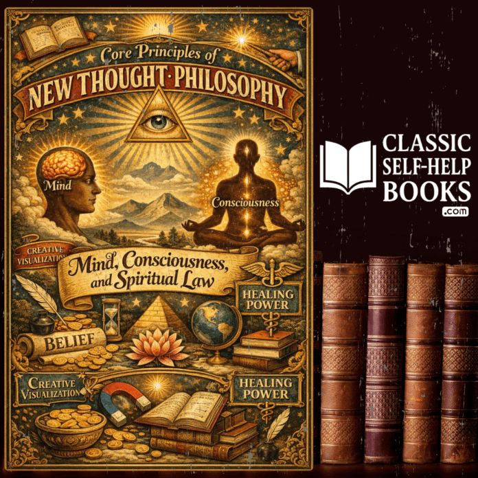 Core Principles of New Thought Philosophy Mind, Consciousness, and Spiritual Law Vintage illustration representing the core principles of New Thought philosophy, featuring symbolic imagery of mind, consciousness, and spiritual law, with a meditating figure, illuminated brain, all-seeing eye, sacred geometry, books, and healing symbols in early 20th-century American metaphysical style.
