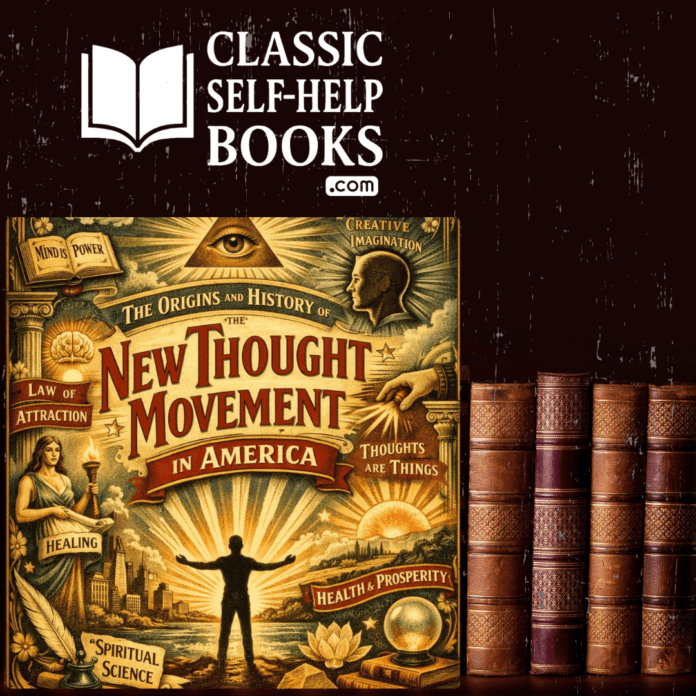 Vintage-style illustration representing the origins and history of the New Thought Movement in America, featuring symbolic spiritual elements and the title ‘The Origins and History of the New Thought Movement in America’.